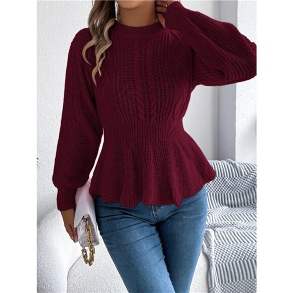 Cable Knit Round Neck Peplum Sweater - Picture 14 of 16